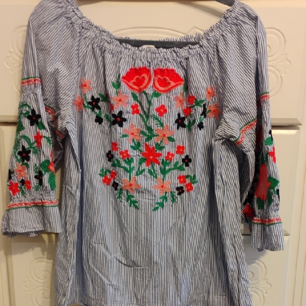 Crown And Ivy Embroidered Striped Women's Top